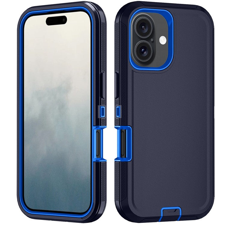 For iPhone 17 Rugged Case PC + TPU Cell Phone Cover with Back Clip Kickstand - Dark Blue