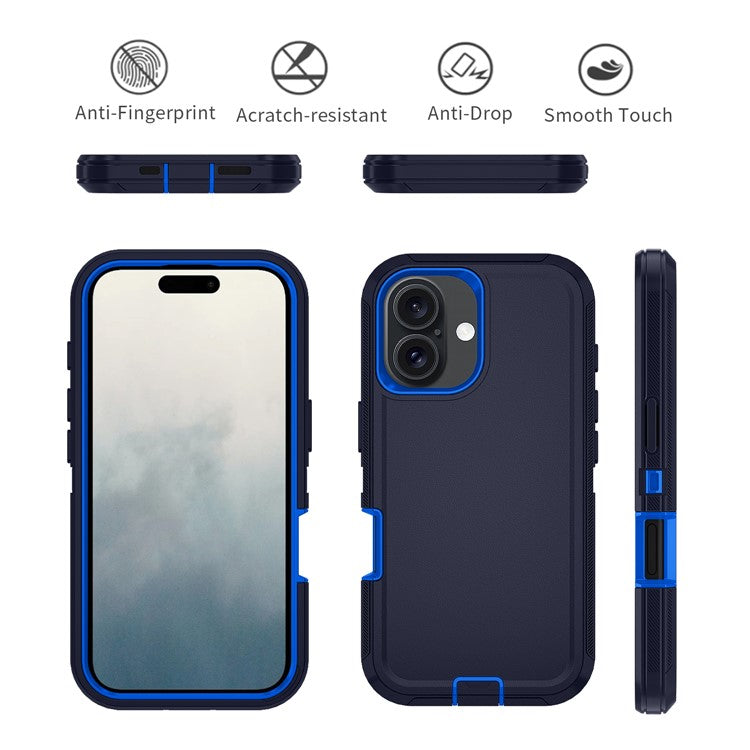 For iPhone 17 Rugged Case PC + TPU Cell Phone Cover with Back Clip Kickstand - Dark Blue