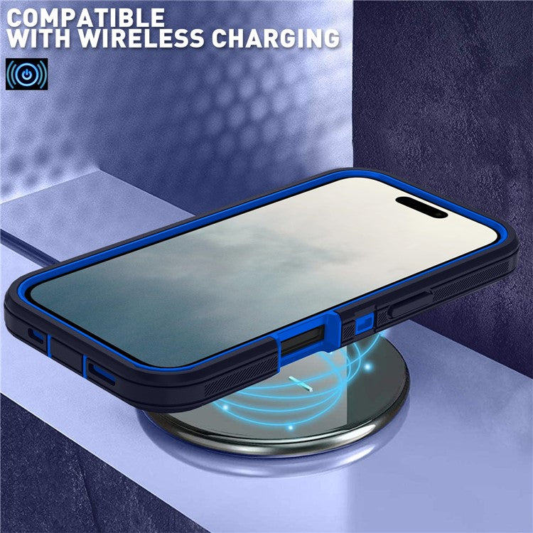 For iPhone 17 Rugged Case PC + TPU Cell Phone Cover with Back Clip Kickstand - Dark Blue