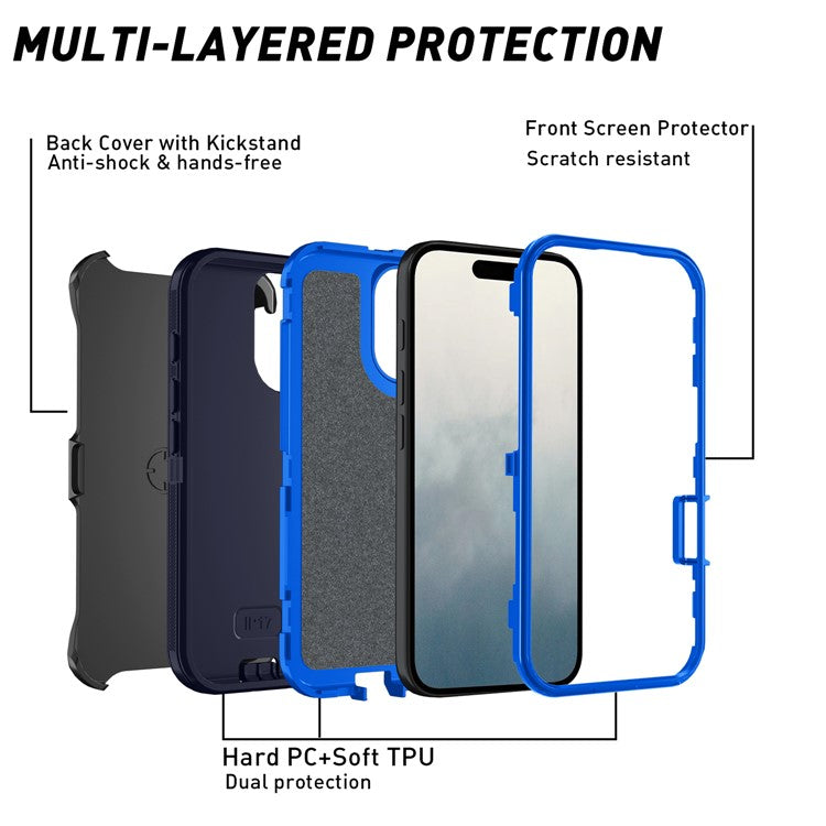 For iPhone 17 Rugged Case PC + TPU Cell Phone Cover with Back Clip Kickstand - Dark Blue