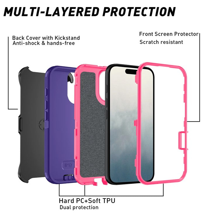 For iPhone 17 Rugged Case PC + TPU Cell Phone Cover with Back Clip Kickstand - Dark Purple