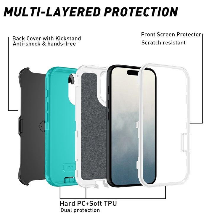 For iPhone 17 Rugged Case PC + TPU Cell Phone Cover with Back Clip Kickstand - Baby Blue