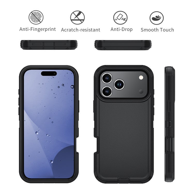 For iPhone 17 Pro Rugged Case PC + TPU Cell Phone Cover with Back Clip Kickstand - Black