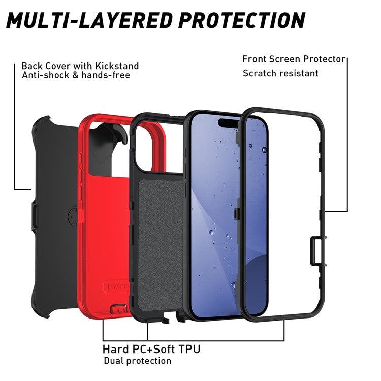 For iPhone 17 Pro Rugged Case PC + TPU Cell Phone Cover with Back Clip Kickstand - Red  /  Black