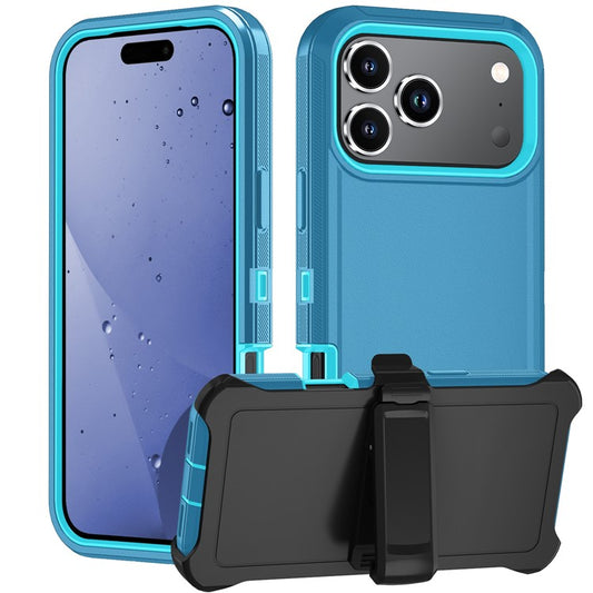 For iPhone 17 Pro Rugged Case PC + TPU Cell Phone Cover with Back Clip Kickstand - Lake Blue
