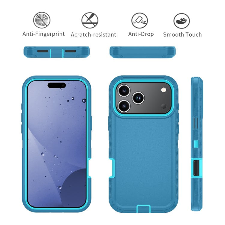 For iPhone 17 Pro Rugged Case PC + TPU Cell Phone Cover with Back Clip Kickstand - Lake Blue