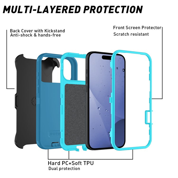 For iPhone 17 Pro Rugged Case PC + TPU Cell Phone Cover with Back Clip Kickstand - Lake Blue