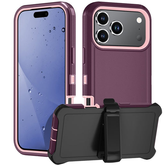 For iPhone 17 Pro Rugged Case PC + TPU Cell Phone Cover with Back Clip Kickstand - Wine Red