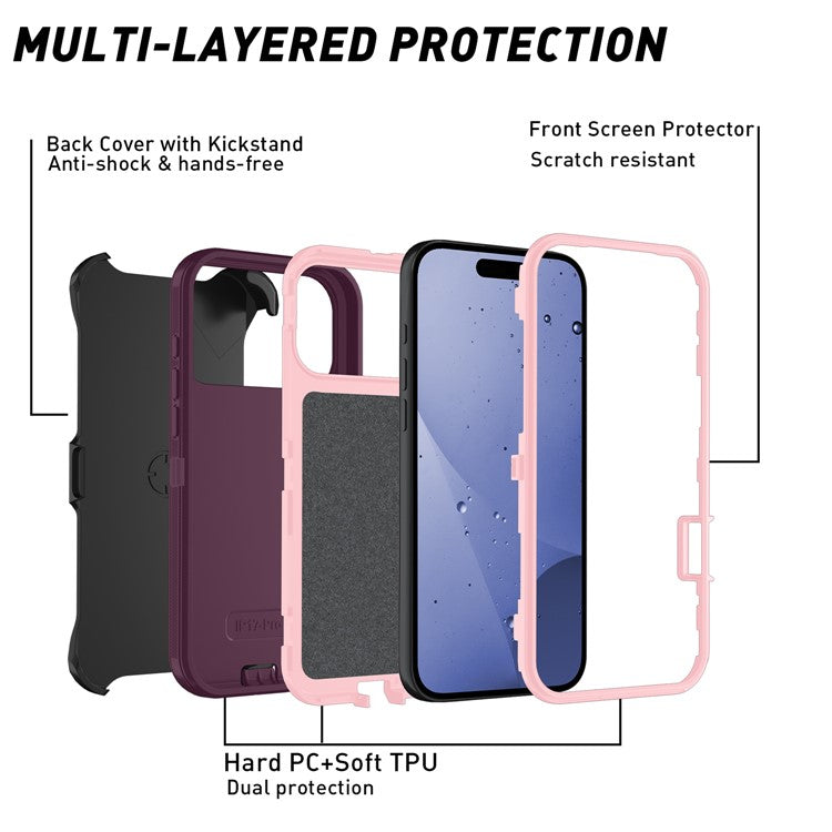 For iPhone 17 Pro Rugged Case PC + TPU Cell Phone Cover with Back Clip Kickstand - Wine Red