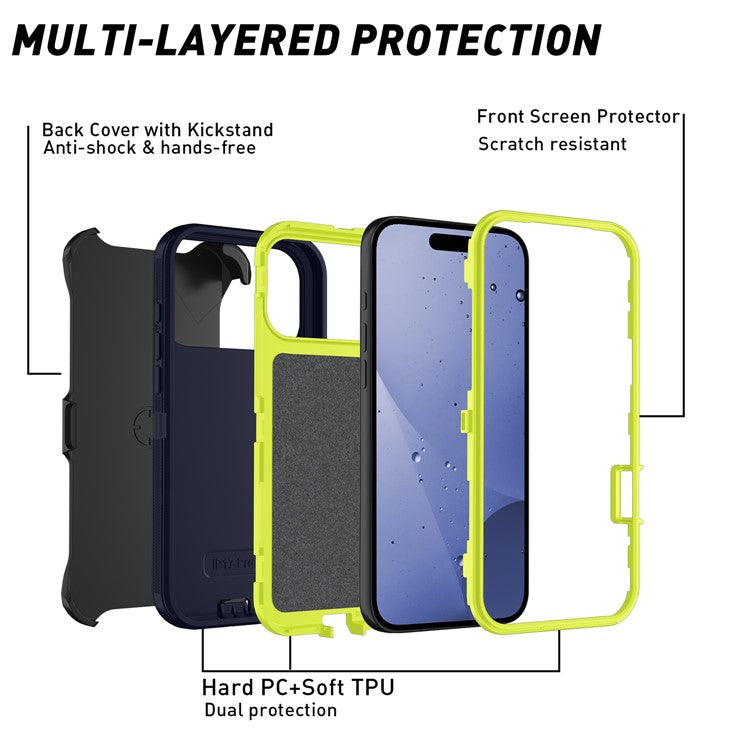 For iPhone 17 Pro Rugged Case PC + TPU Cell Phone Cover with Back Clip Kickstand - Blue  /  Green