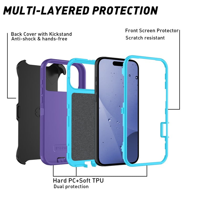For iPhone 17 Pro Rugged Case PC + TPU Cell Phone Cover with Back Clip Kickstand - Light Purple