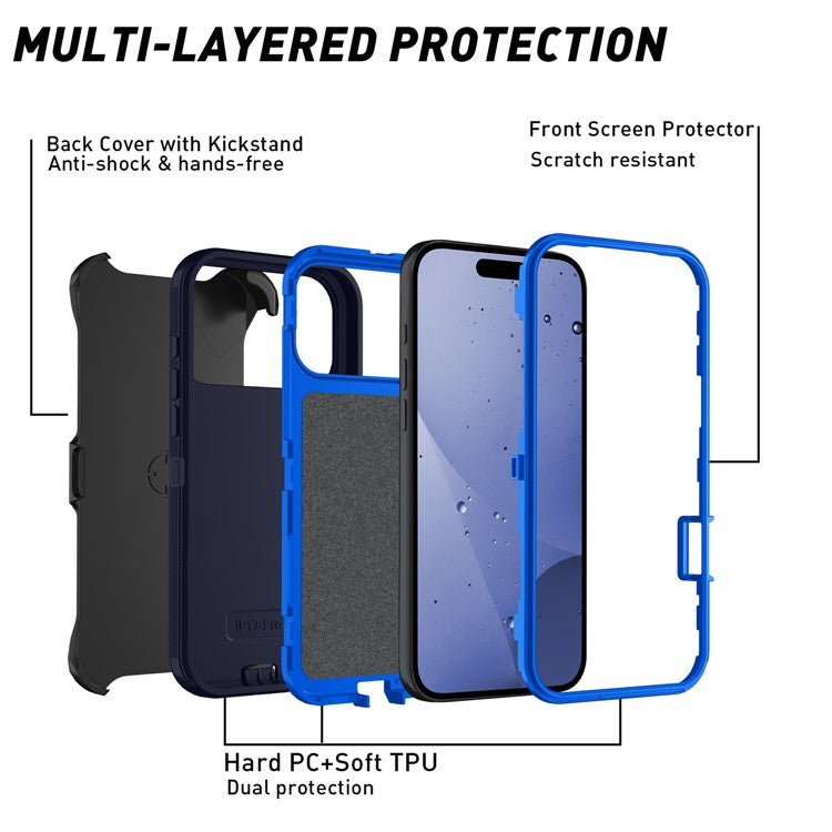 For iPhone 17 Pro Rugged Case PC + TPU Cell Phone Cover with Back Clip Kickstand - Dark Blue