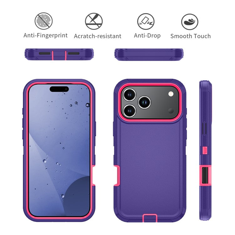 For iPhone 17 Pro Rugged Case PC + TPU Cell Phone Cover with Back Clip Kickstand - Dark Purple