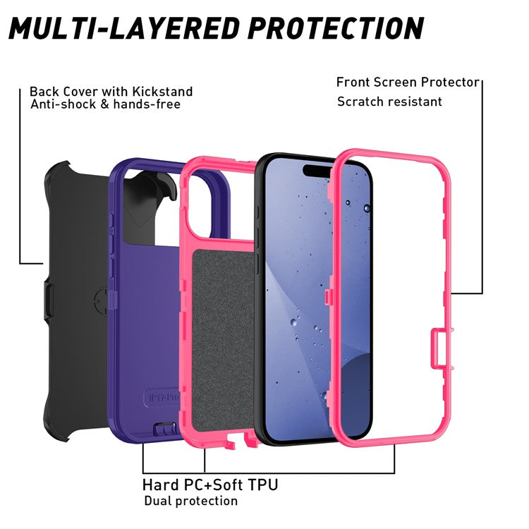 For iPhone 17 Pro Rugged Case PC + TPU Cell Phone Cover with Back Clip Kickstand - Dark Purple