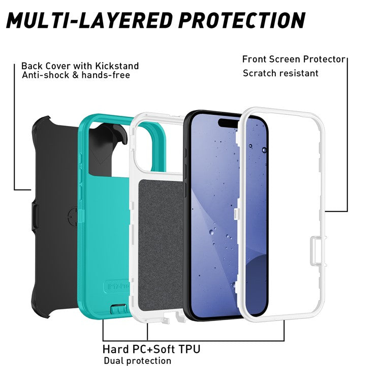 For iPhone 17 Pro Rugged Case PC + TPU Cell Phone Cover with Back Clip Kickstand - Baby Blue