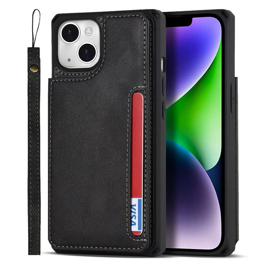 For iPhone 14 Plus Kickstand Function Magnetic Snap Button Phone Cover Shell  Anti-scratch PU Leather+TPU Phone Case with Card Slot and Strap - Black