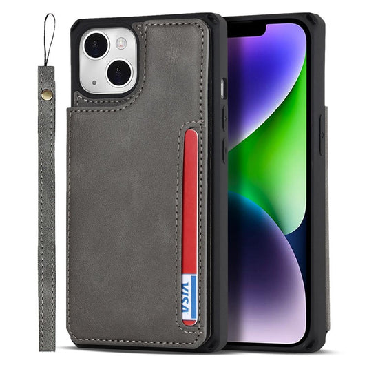 For iPhone 14 Plus Kickstand Function Magnetic Snap Button Phone Cover Shell  Anti-scratch PU Leather+TPU Phone Case with Card Slot and Strap - Grey