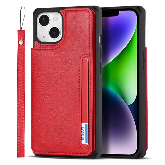 For iPhone 14 Plus Kickstand Function Magnetic Snap Button Phone Cover Shell  Anti-scratch PU Leather+TPU Phone Case with Card Slot and Strap - Red