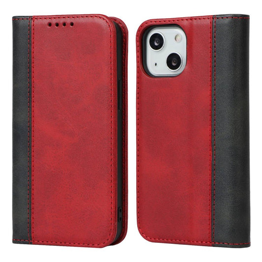 For iPhone 14 Bi-color Splicing Magnetic Auto-absorbed Calf Texture PU Leather Phone Case Drop-proof Wallet Stand Cover - Red / Black