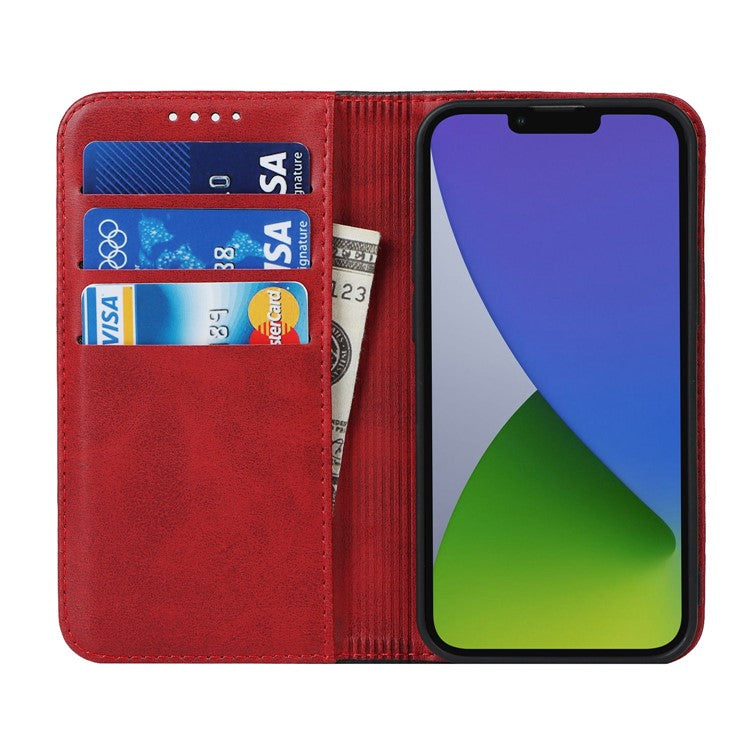 For iPhone 14 Bi-color Splicing Magnetic Auto-absorbed Calf Texture PU Leather Phone Case Drop-proof Wallet Stand Cover - Red / Black