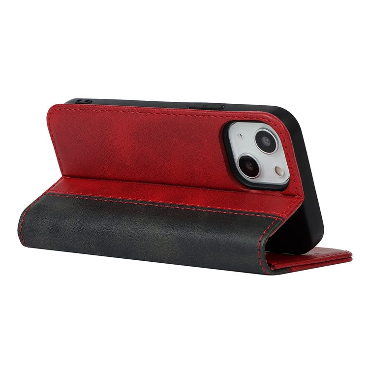 For iPhone 14 Bi-color Splicing Magnetic Auto-absorbed Calf Texture PU Leather Phone Case Drop-proof Wallet Stand Cover - Red / Black