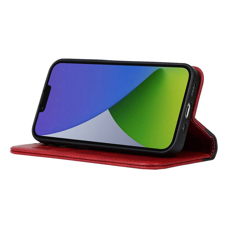 For iPhone 14 Bi-color Splicing Magnetic Auto-absorbed Calf Texture PU Leather Phone Case Drop-proof Wallet Stand Cover - Red / Black