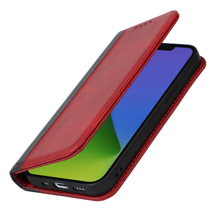 For iPhone 14 Bi-color Splicing Magnetic Auto-absorbed Calf Texture PU Leather Phone Case Drop-proof Wallet Stand Cover - Red / Black