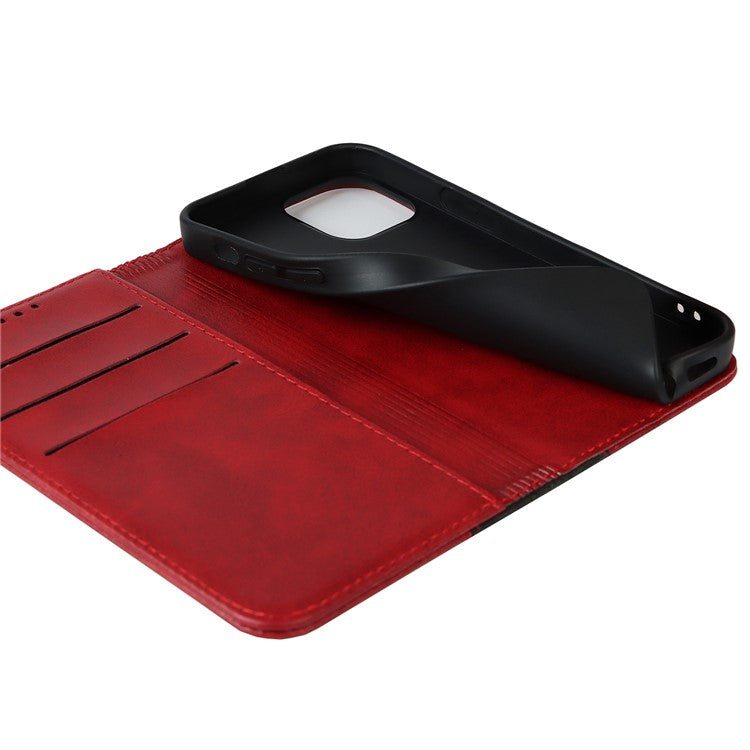 For iPhone 14 Bi-color Splicing Magnetic Auto-absorbed Calf Texture PU Leather Phone Case Drop-proof Wallet Stand Cover - Red / Black