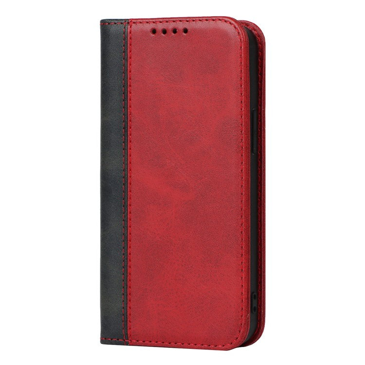For iPhone 14 Bi-color Splicing Magnetic Auto-absorbed Calf Texture PU Leather Phone Case Drop-proof Wallet Stand Cover - Red / Black