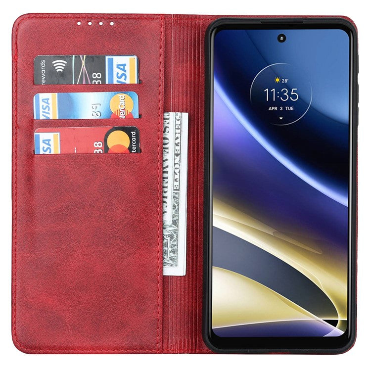 PU Leather Protective Case for Motorola Moto G52j 5G, Calf Texture Magnetic Auto Closing Shell Phone Stand Wallet Cover - Red