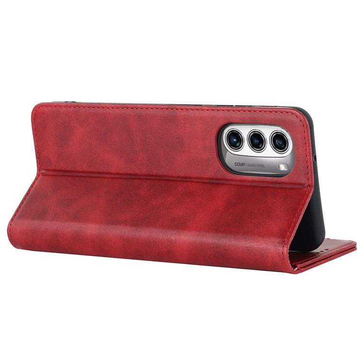PU Leather Protective Case for Motorola Moto G52j 5G, Calf Texture Magnetic Auto Closing Shell Phone Stand Wallet Cover - Red