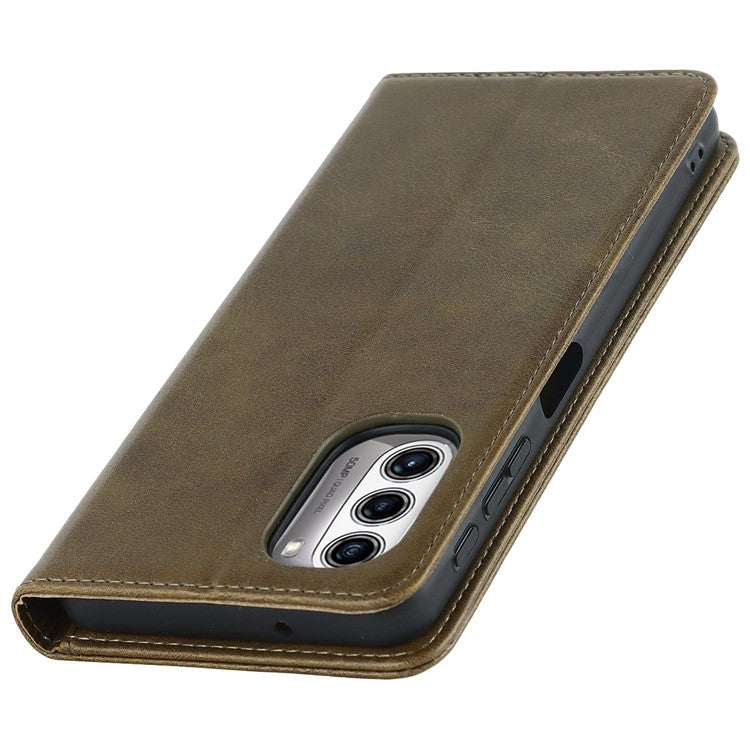 PU Leather Protective Case for Motorola Moto G52j 5G, Calf Texture Magnetic Auto Closing Shell Phone Stand Wallet Cover - Dark Green