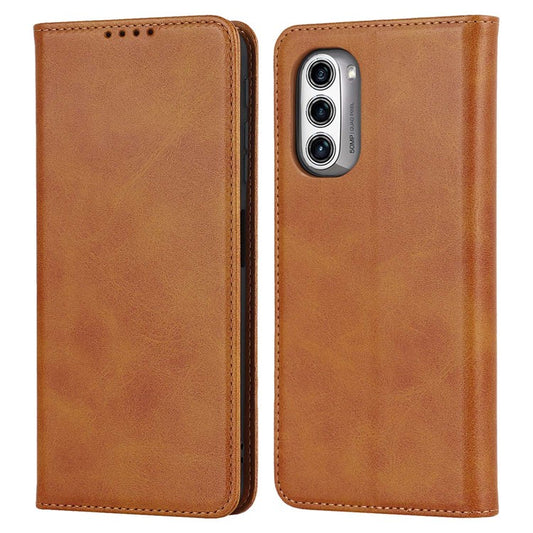 PU Leather Protective Case for Motorola Moto G52j 5G, Calf Texture Magnetic Auto Closing Shell Phone Stand Wallet Cover - Light Brown