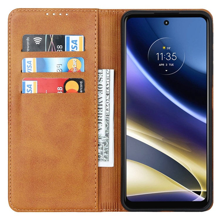 PU Leather Protective Case for Motorola Moto G52j 5G, Calf Texture Magnetic Auto Closing Shell Phone Stand Wallet Cover - Light Brown