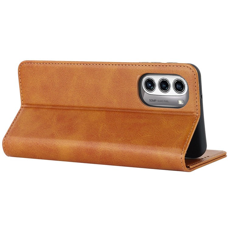 PU Leather Protective Case for Motorola Moto G52j 5G, Calf Texture Magnetic Auto Closing Shell Phone Stand Wallet Cover - Light Brown