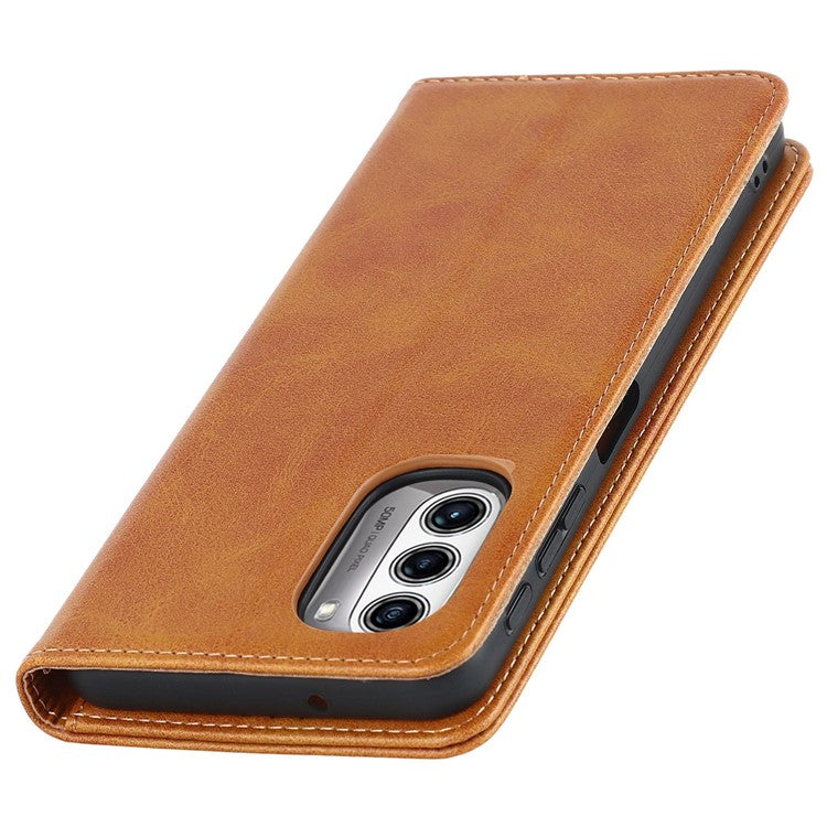 PU Leather Protective Case for Motorola Moto G52j 5G, Calf Texture Magnetic Auto Closing Shell Phone Stand Wallet Cover - Light Brown
