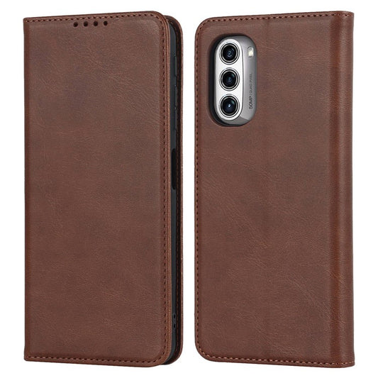 PU Leather Protective Case for Motorola Moto G52j 5G, Calf Texture Magnetic Auto Closing Shell Phone Stand Wallet Cover - Dark Brown