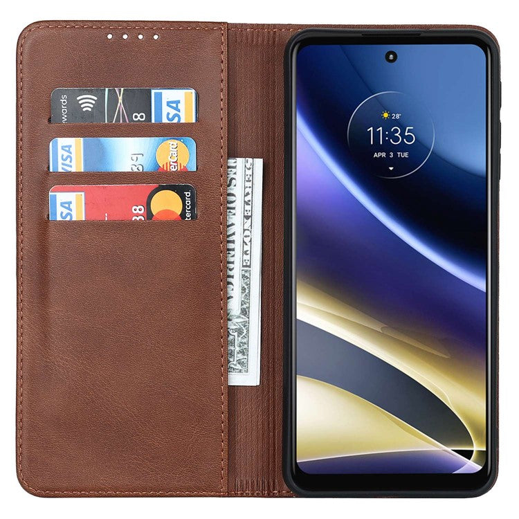 PU Leather Protective Case for Motorola Moto G52j 5G, Calf Texture Magnetic Auto Closing Shell Phone Stand Wallet Cover - Dark Brown