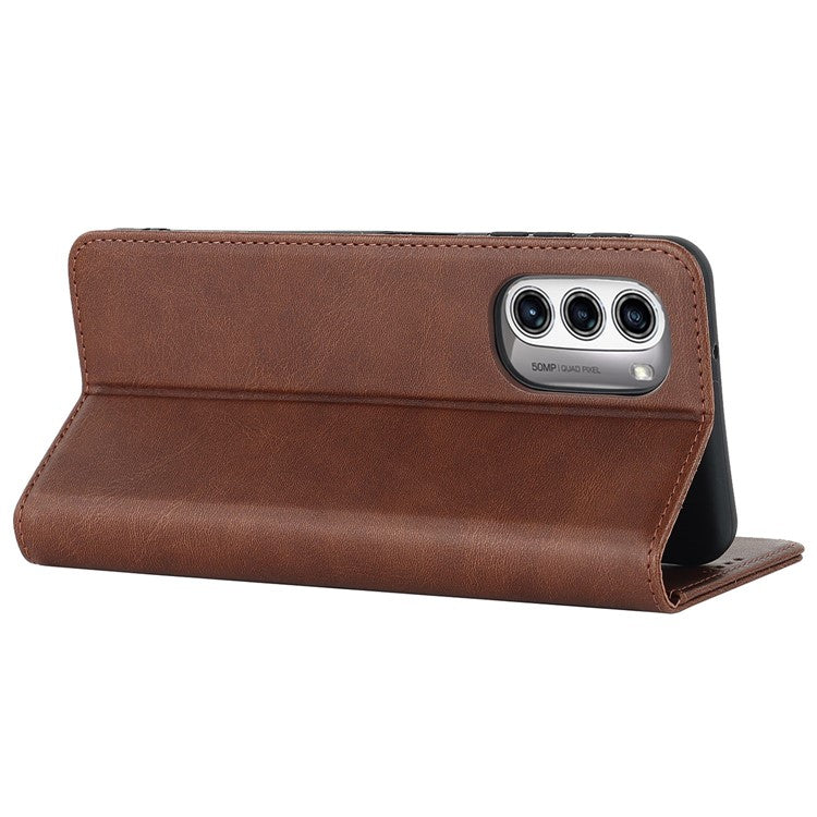PU Leather Protective Case for Motorola Moto G52j 5G, Calf Texture Magnetic Auto Closing Shell Phone Stand Wallet Cover - Dark Brown