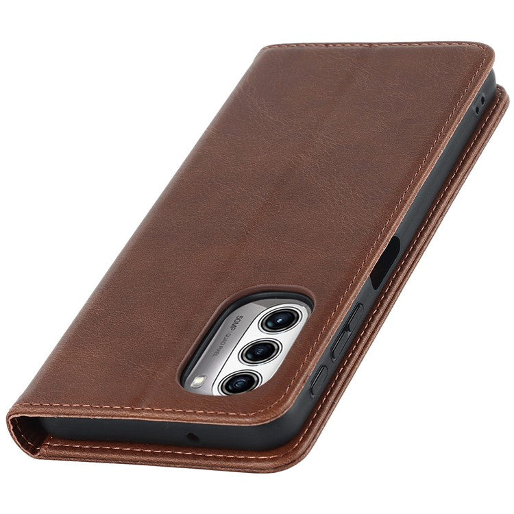 PU Leather Protective Case for Motorola Moto G52j 5G, Calf Texture Magnetic Auto Closing Shell Phone Stand Wallet Cover - Dark Brown