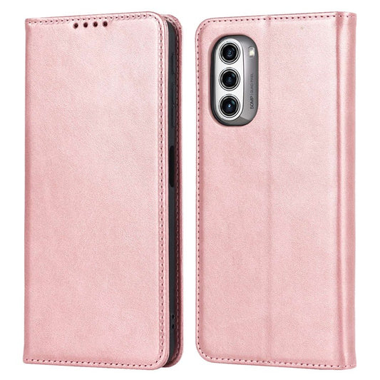 PU Leather Protective Case for Motorola Moto G52j 5G, Calf Texture Magnetic Auto Closing Shell Phone Stand Wallet Cover - Rose Gold
