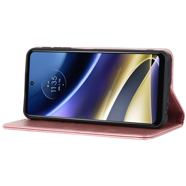 PU Leather Protective Case for Motorola Moto G52j 5G, Calf Texture Magnetic Auto Closing Shell Phone Stand Wallet Cover - Rose Gold