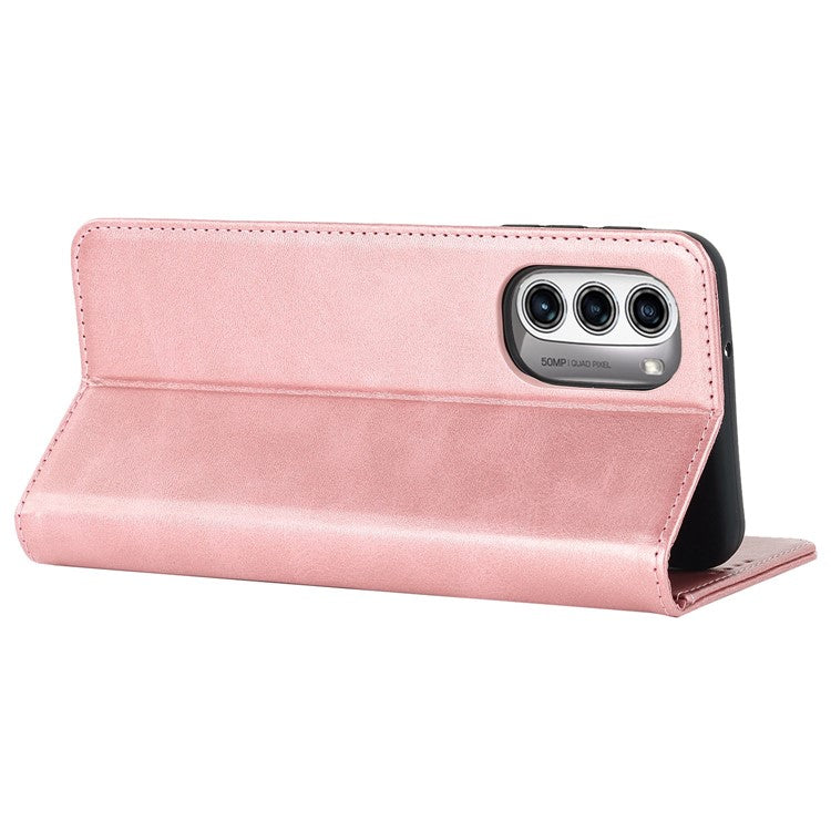 PU Leather Protective Case for Motorola Moto G52j 5G, Calf Texture Magnetic Auto Closing Shell Phone Stand Wallet Cover - Rose Gold
