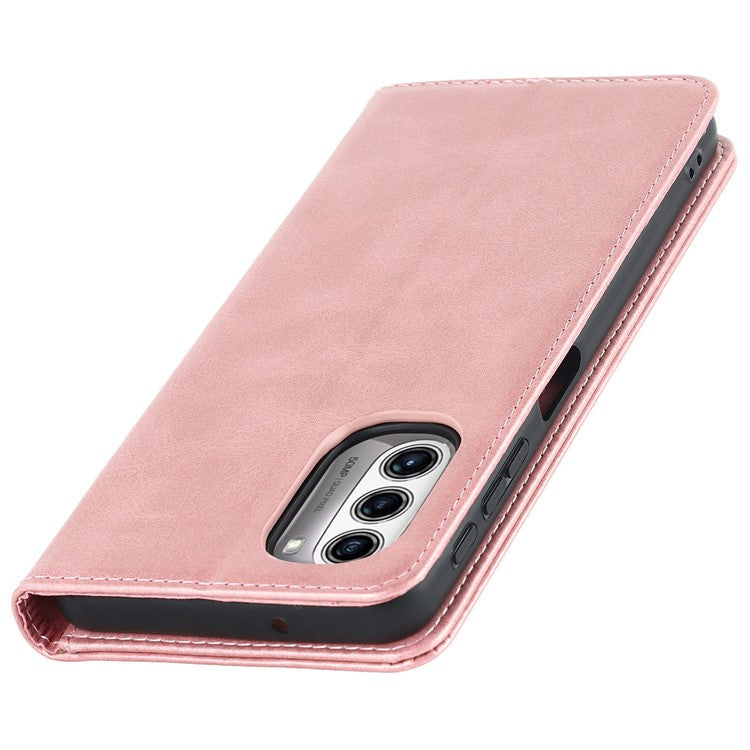 PU Leather Protective Case for Motorola Moto G52j 5G, Calf Texture Magnetic Auto Closing Shell Phone Stand Wallet Cover - Rose Gold