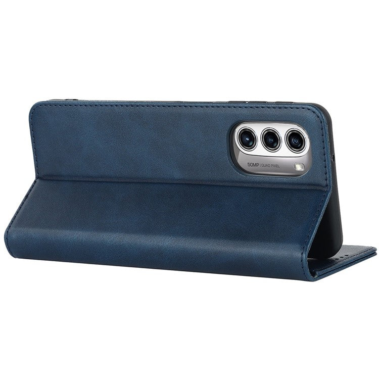 PU Leather Protective Case for Motorola Moto G52j 5G, Calf Texture Magnetic Auto Closing Shell Phone Stand Wallet Cover - Dark Blue