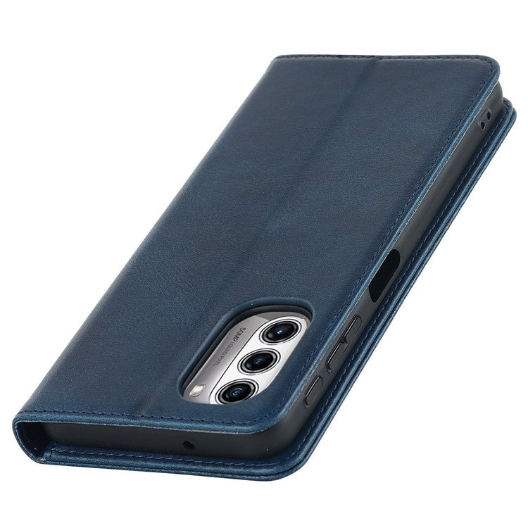 PU Leather Protective Case for Motorola Moto G52j 5G, Calf Texture Magnetic Auto Closing Shell Phone Stand Wallet Cover - Dark Blue