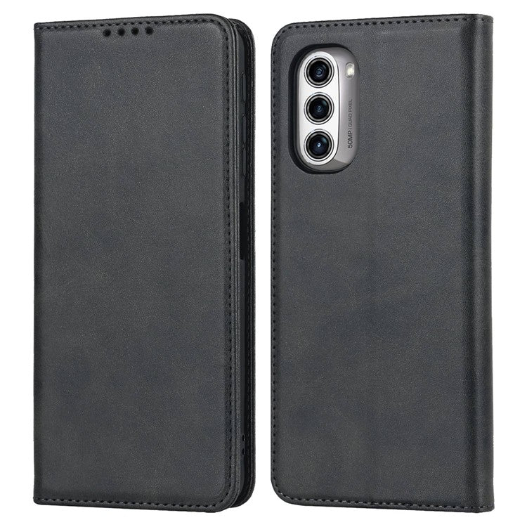 PU Leather Protective Case for Motorola Moto G52j 5G, Calf Texture Magnetic Auto Closing Shell Phone Stand Wallet Cover - Black
