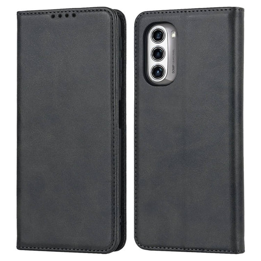 PU Leather Protective Case for Motorola Moto G52j 5G, Calf Texture Magnetic Auto Closing Shell Phone Stand Wallet Cover - Black