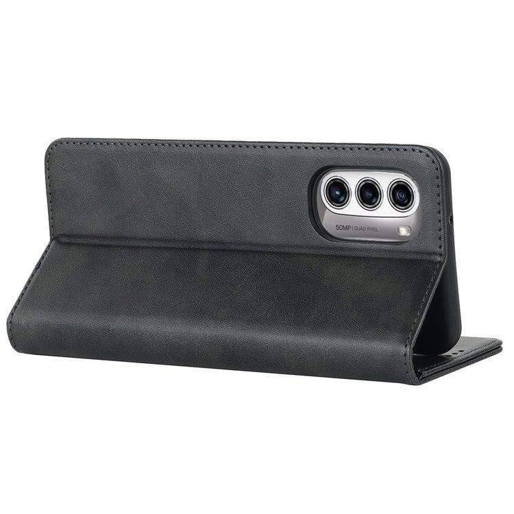 PU Leather Protective Case for Motorola Moto G52j 5G, Calf Texture Magnetic Auto Closing Shell Phone Stand Wallet Cover - Black