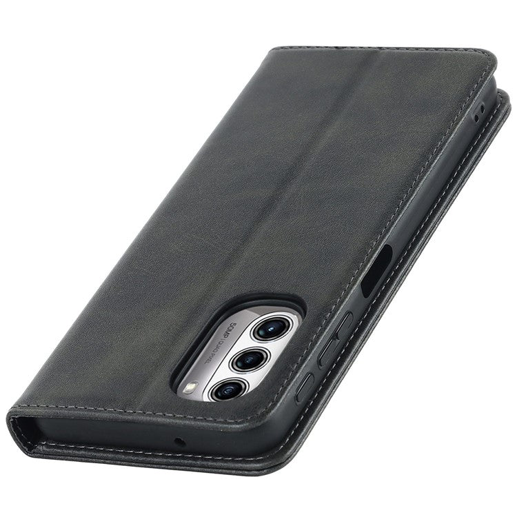 PU Leather Protective Case for Motorola Moto G52j 5G, Calf Texture Magnetic Auto Closing Shell Phone Stand Wallet Cover - Black